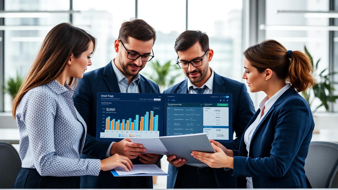Finance team reviewing invoices and an automation dashboard