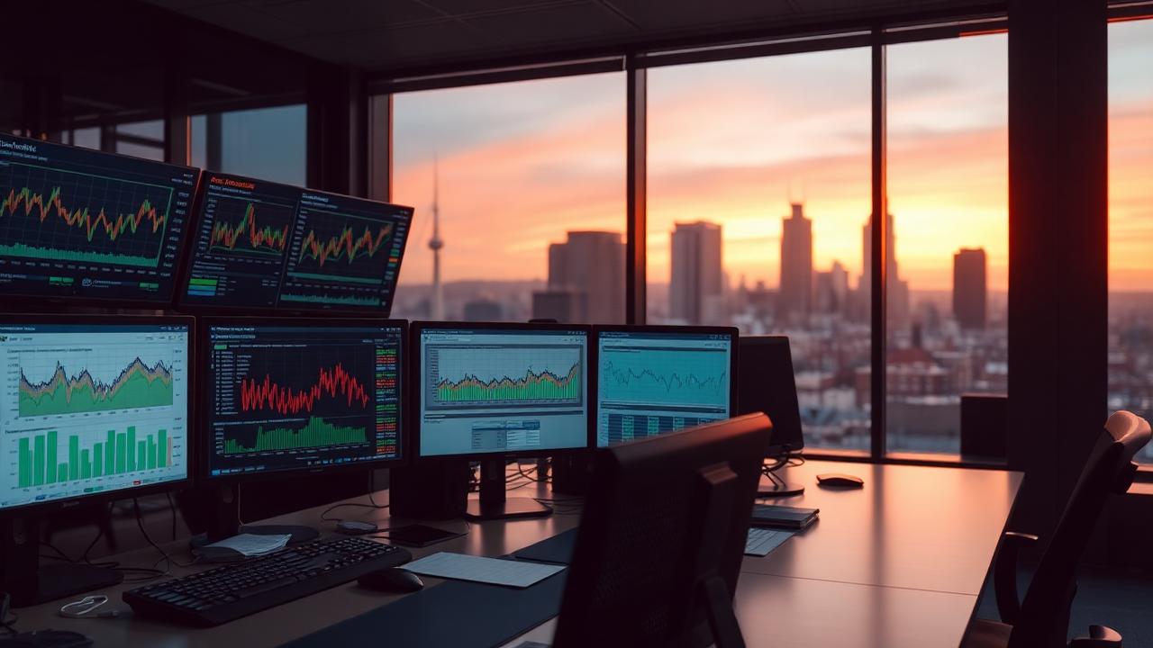 Treasury workstation with cash flow charts at dusk