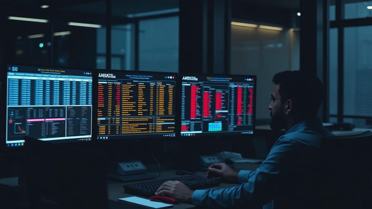 Analyst reviewing disputed transactions on multiple monitors