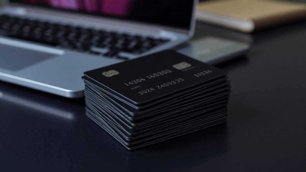 Stack of matte black corporate credit cards on a desk