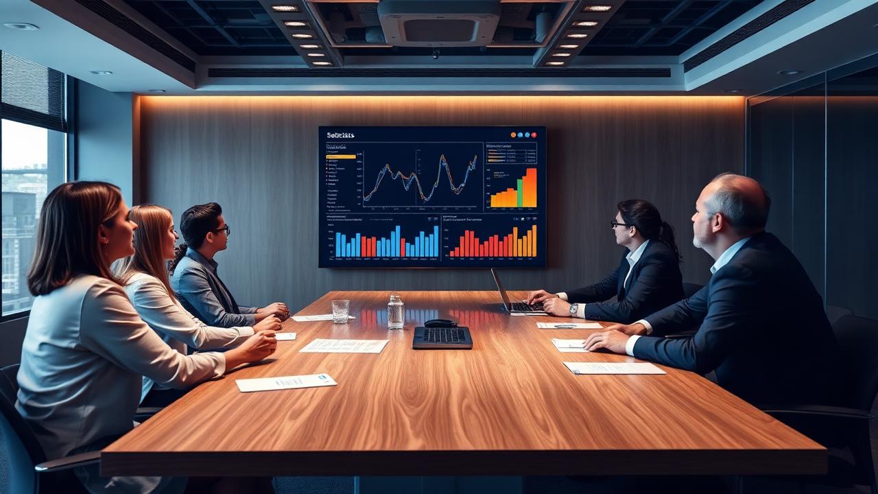 Executives reviewing software selection charts in a conference room
