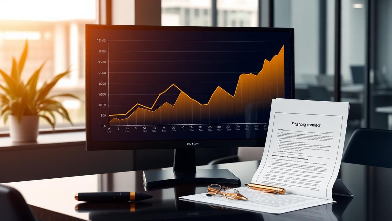 Growth chart on a monitor beside a signed financing contract