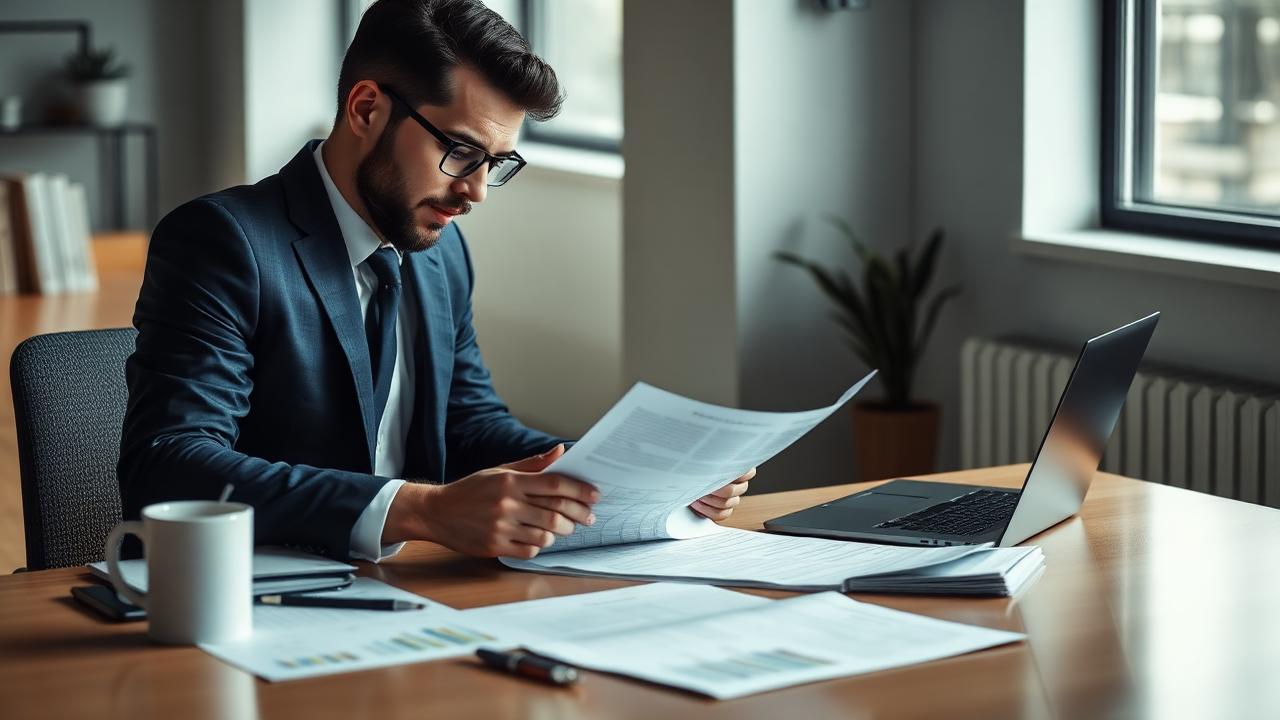 Business owner reviewing loan documents at a desk